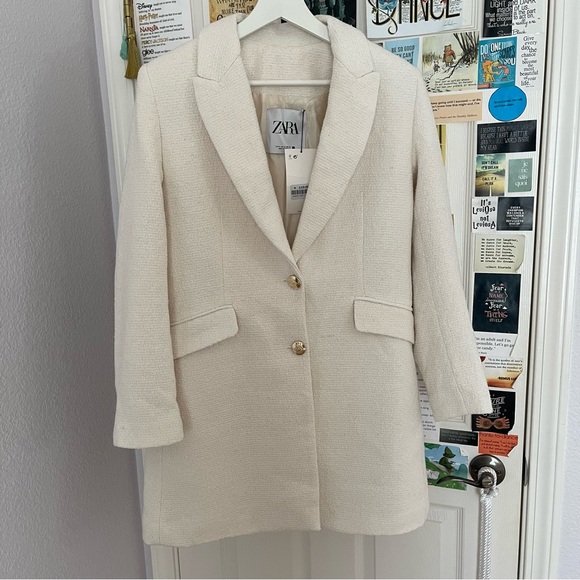 Zara Ecru Textured Coat Jacket With Golden Button - Picture 3 of 10